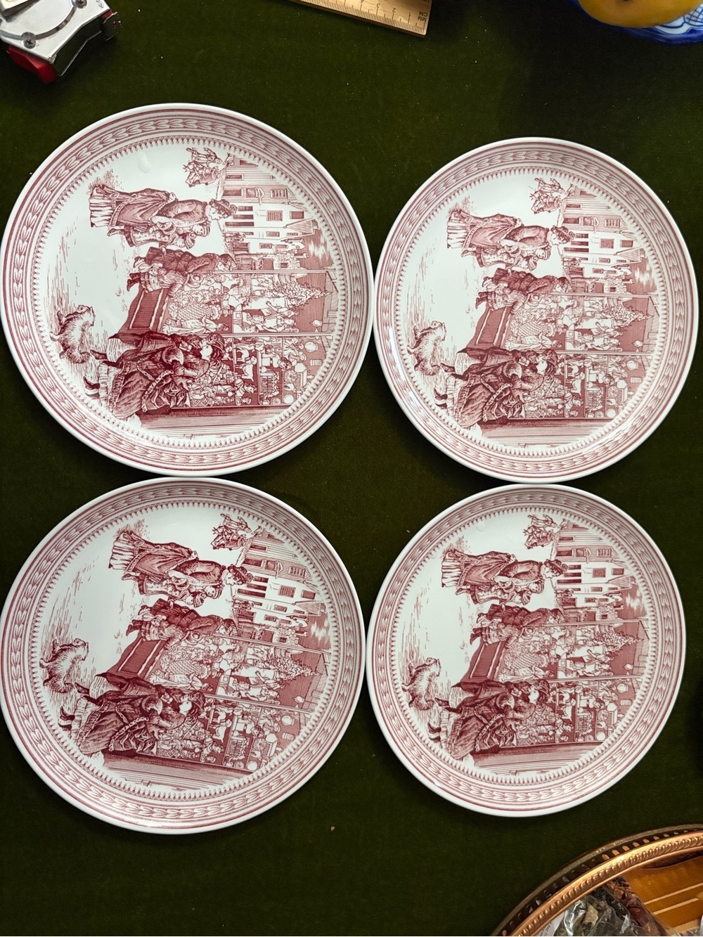 Vintage 2007 Spode Red and White Transferware Dinner Plates - Set of 4